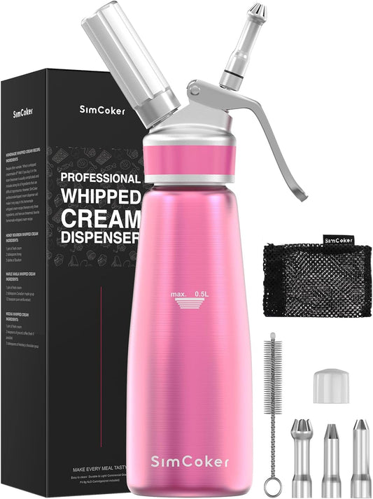 Whipped Cream Dispenser,Aluminum Cream Whipper 500mL/1 Pint,3 Decorating Nozzles,1 Brush, 1 Storage Bag,Homemade Whipped Cream Maker,Pink