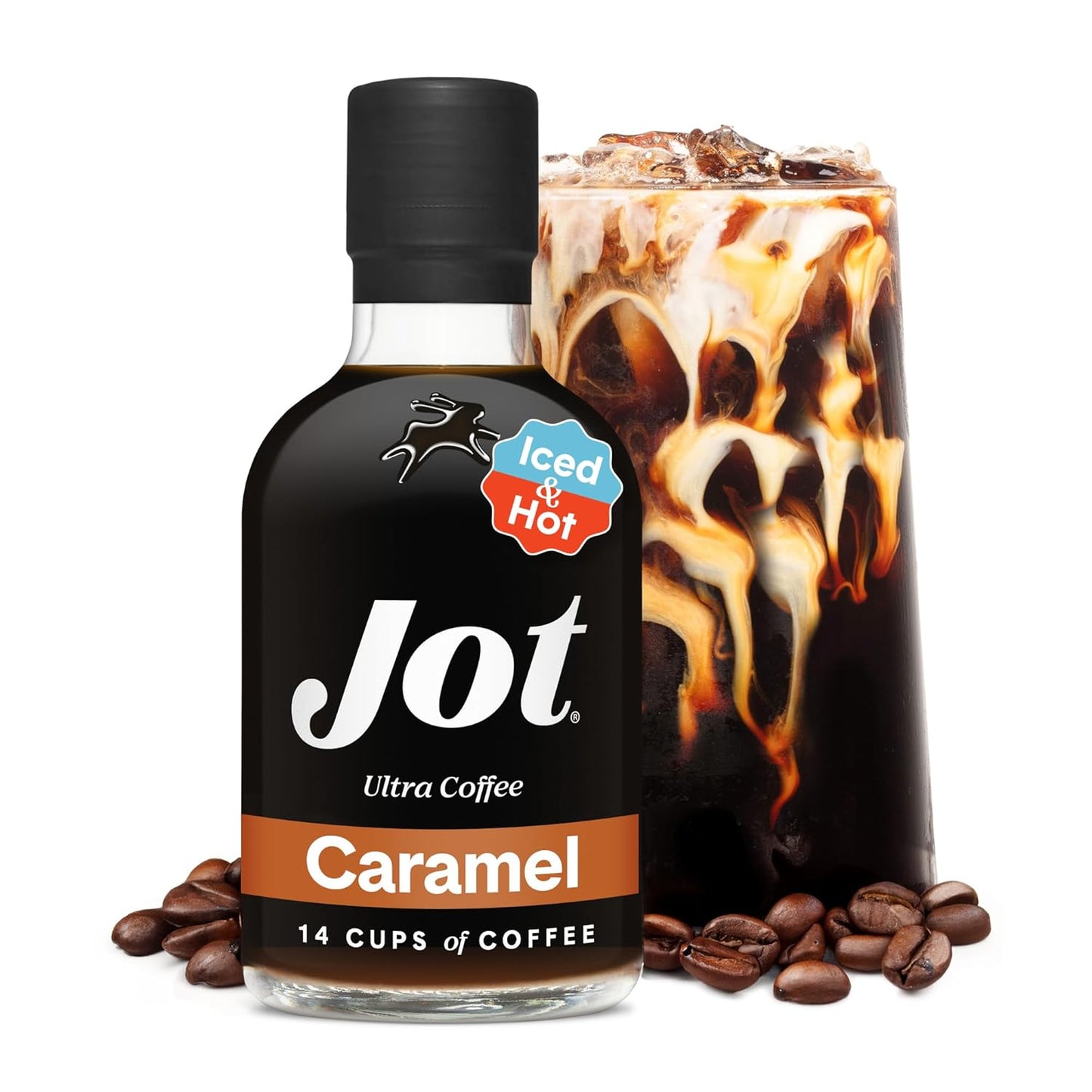 Jot Coffee Concentrate (Caramel) High Caffeine Cold Brew Coffee Concentrate Liquid for Iced Coffees, Instant Espresso, Hot or Cold Instant Coffees - Makes 14 Cups, 150mg Caffeine/Tbsp, Sugar Free