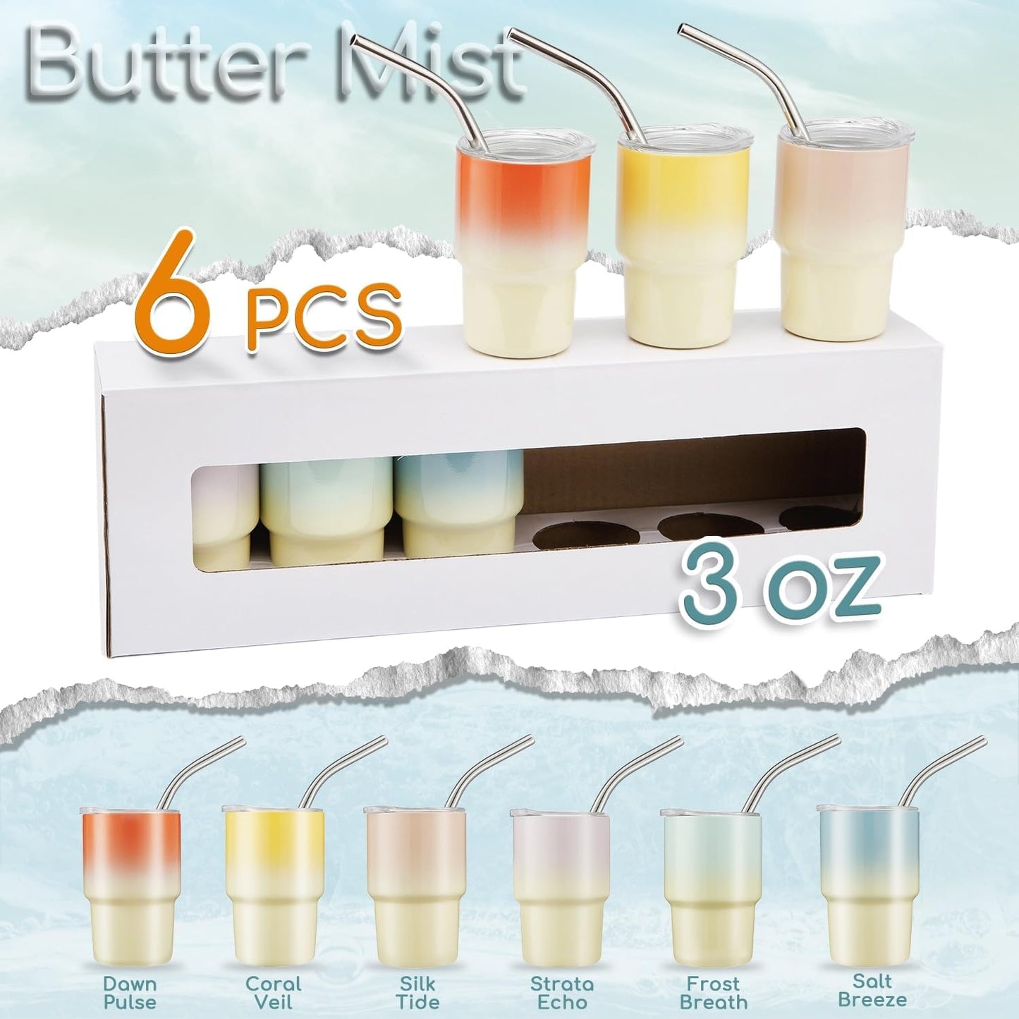 6 Pack 3 oz Sublimation Mini Tumbler Shot Glass with Straw and Lid, Gradient Color Insulated Stainless Steel Mini Tumblers Cups for Beach Birthday Wedding Parties, DIY Customizable Party Gift