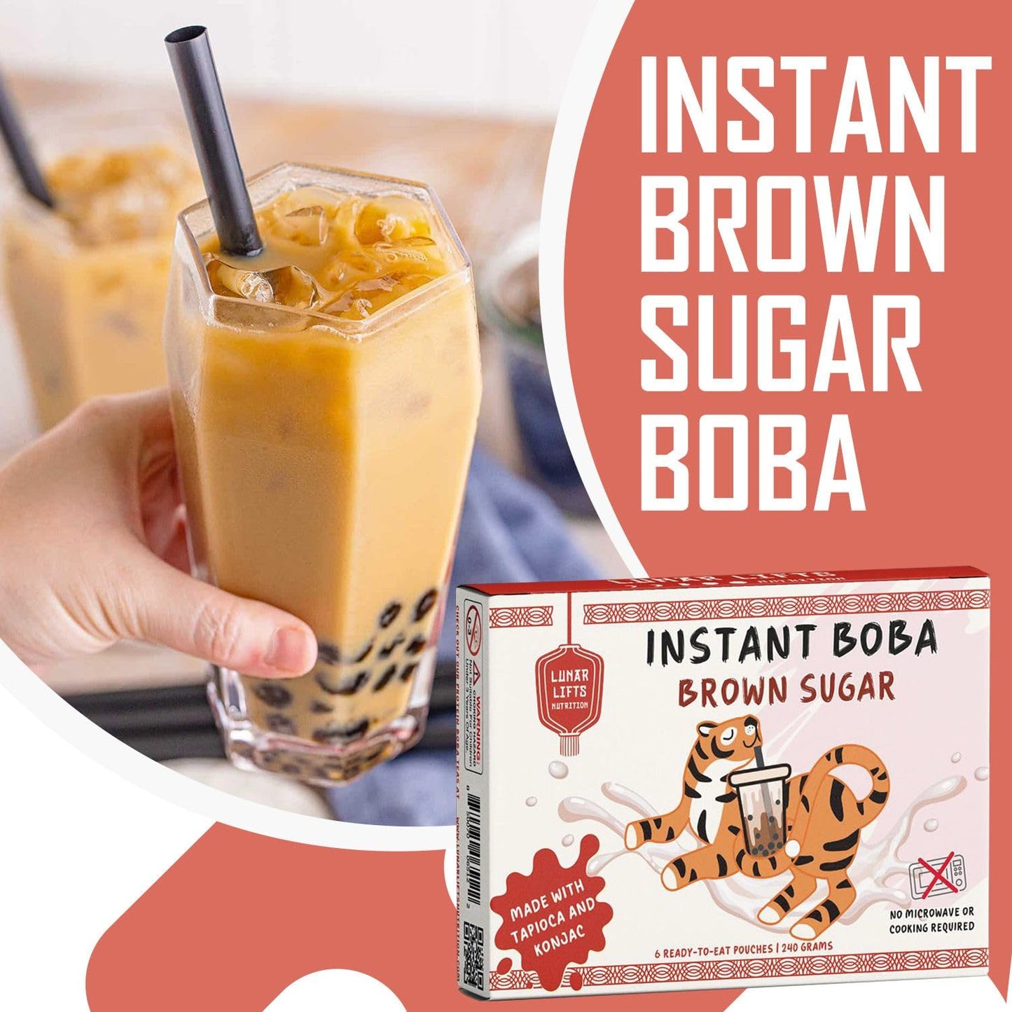 Instant Brown Sugar Boba, 70% Fewer Calories, Made with Konjac and Tapioca, Brown Sugar Boba Pearls for Boba tea, Shakes and Dessert, Plant-Based 6 Ready-to-Eat Pouches (240g)