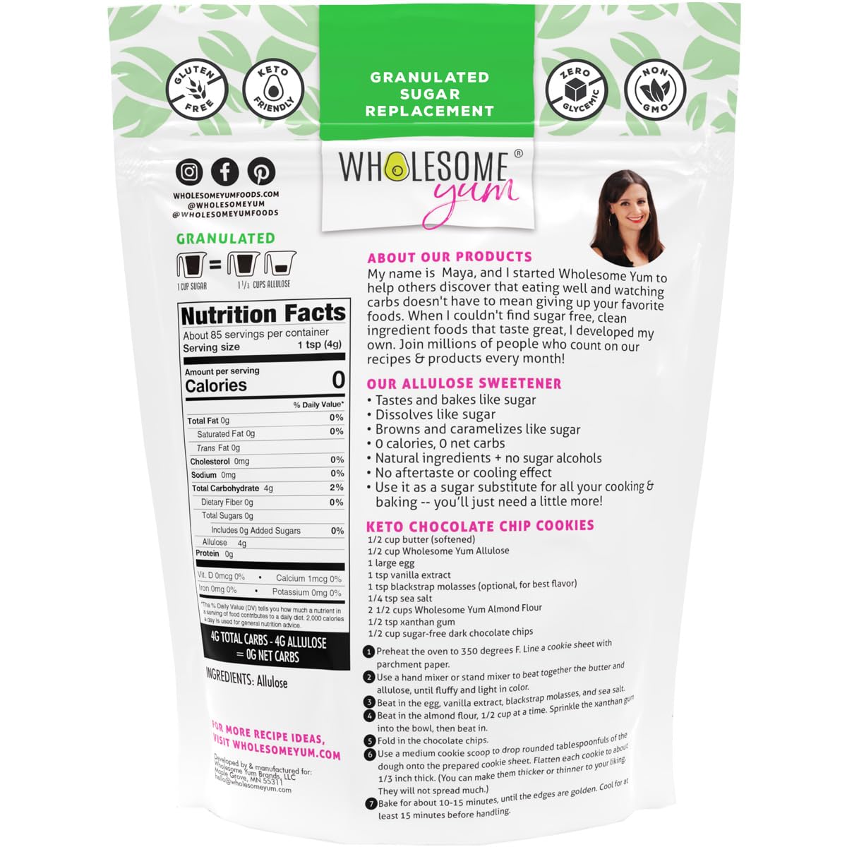 Wholesome Yum Allulose Sweetener - Natural Granulated Sugar Substitute - Keto, Non GMO, Zero Carb, Zero Calorie, Sugar Free, No Aftertaste, Tummy Friendly - Granular Sugar Replacement (12 oz)