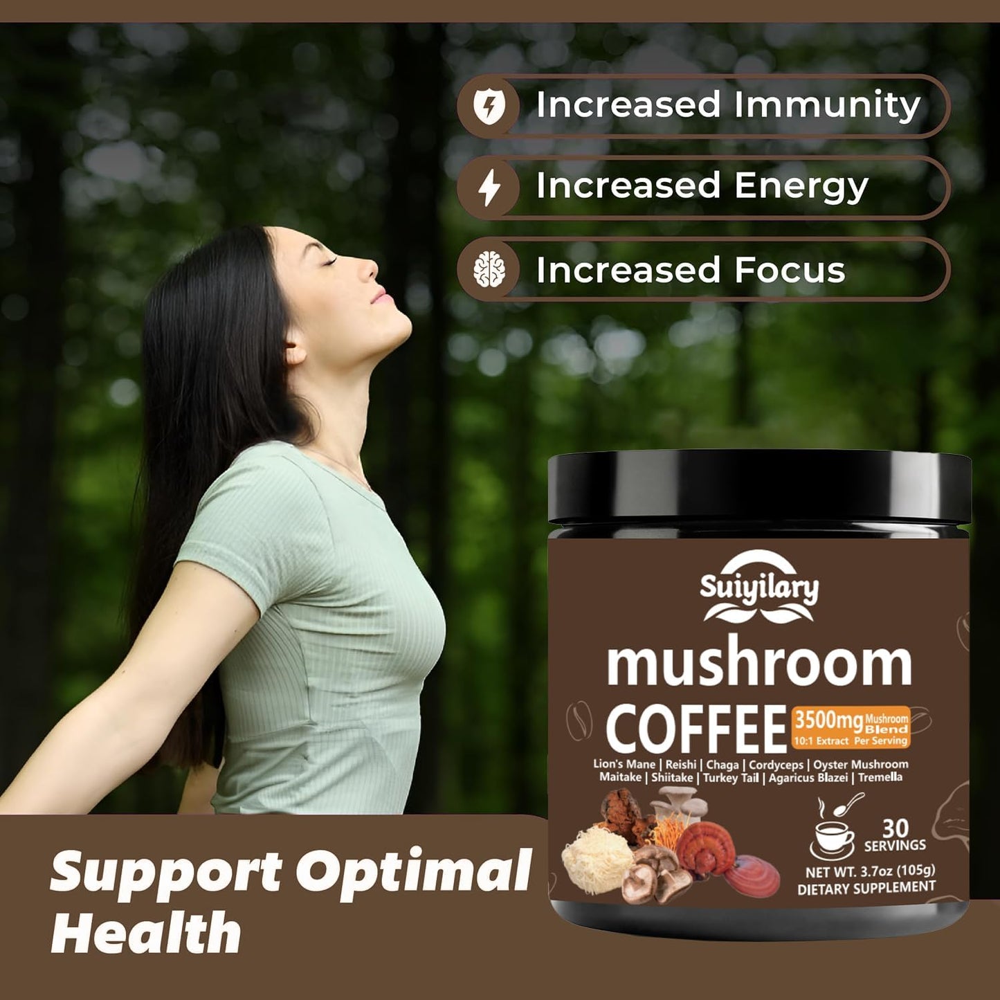 10 Mushroom Coffee with Arabica w, Lion's Mane, Reishi, Mushroom Polysaccharides & More, 3500mg(10:1) Extract Instant Mushrooms Powder for Focus, Immunity Boost, Memory & Clarity - 30 Servings