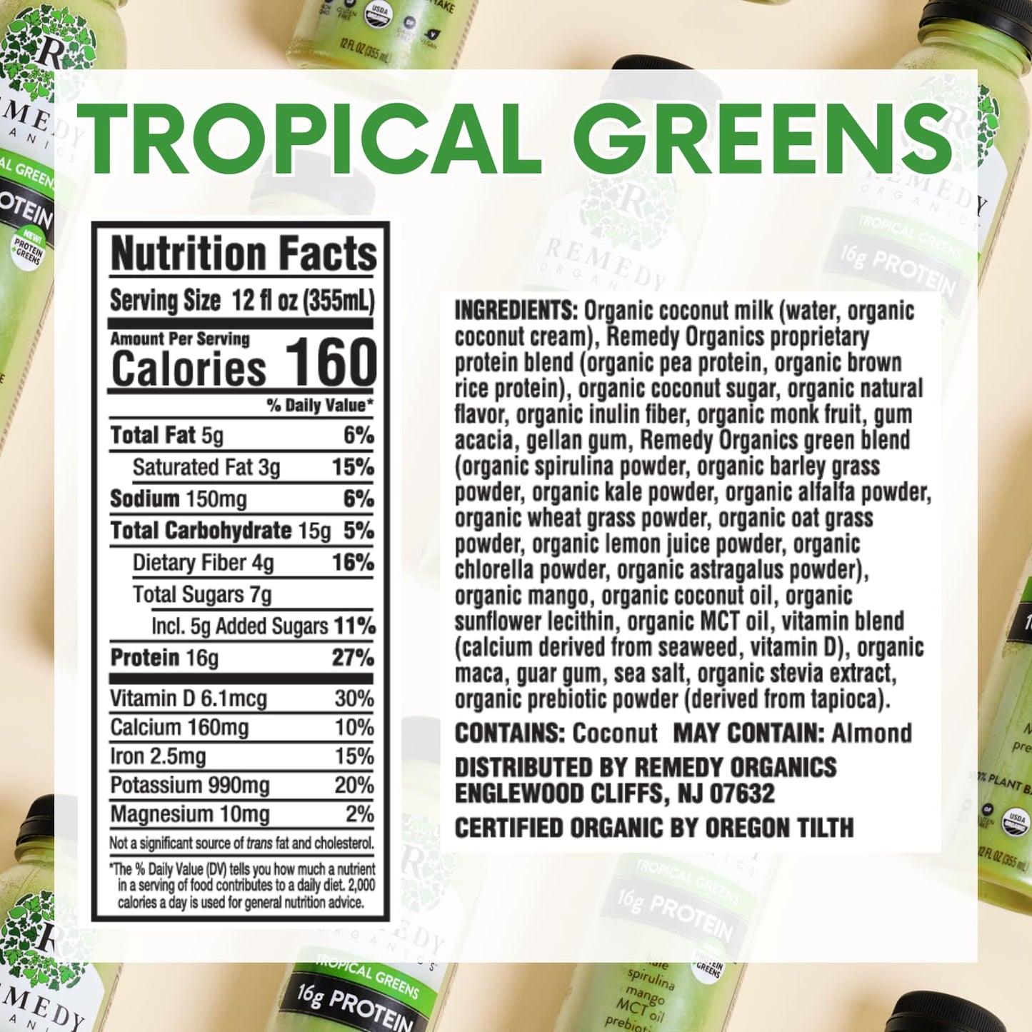 Remedy Organics Tropical Greens 12-Pack | Plant Based 16g Protein Shakes, Ready to Drink | USDA Organic, Gluten Free, Dairy Free, Soy Free