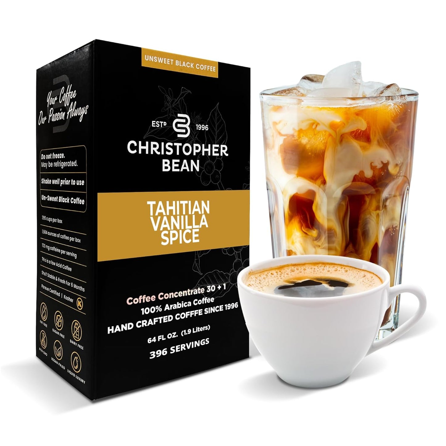 Christopher Bean Coffee - 396 servings, 30 to 1 Blend Bag in Box Liquid Instant Coffee or Cold Brew Coffee Concentrate - Hot or Iced Coffee - Tahitian Vanilla Spice