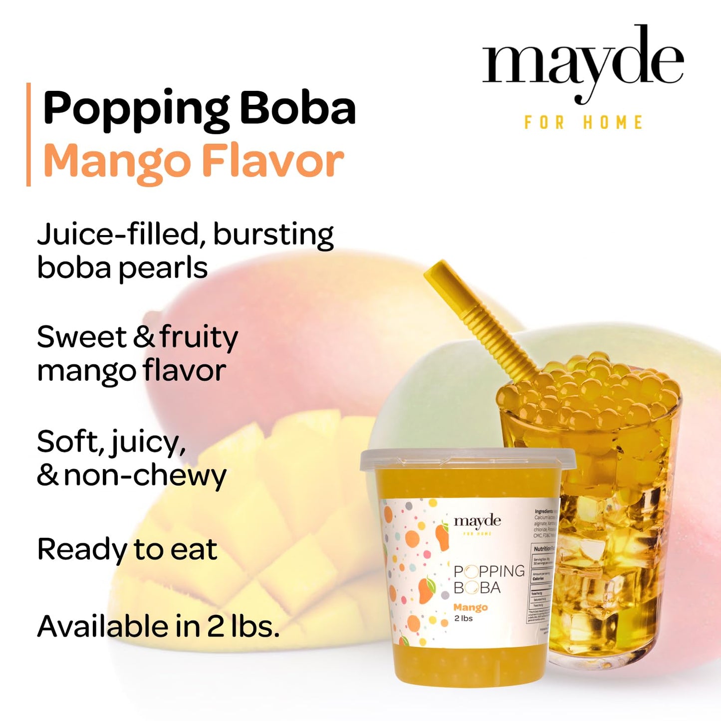 Mayde Popping Boba Pearls, Bubble Tea Pearls for Drinks, Desserts, & Breakfast Bowls (Mango, 2 Pounds)