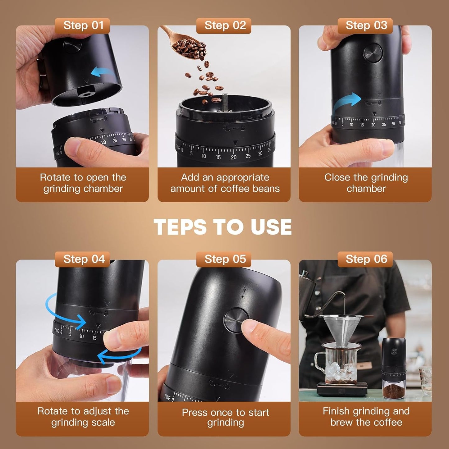 Portable Electric Coffee Bean Grinder， Upgraded Ceramic Conical Burr with External 40 Levels Adjustable Fine to Coarse Settings, Rechargeable and Faster Grinding for Office, Home, Black