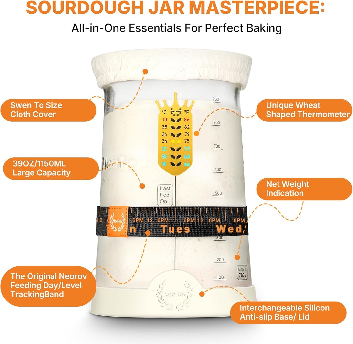 Pro Sourdough Starter Kit - 39 Oz Glass Sourdough Starter Jar (With Cloth Lid,Silicone Base,Scraper,Date Tracker,Temp Strip) - Sourdough Bread Baking Supplies For Sour Dough Bread Loaf (Cream)