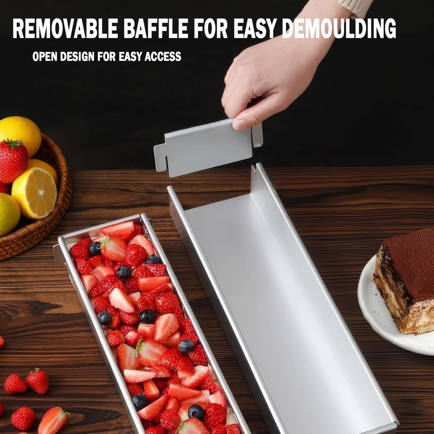 Aluminum Alloy Long Rectangle Tiramisu Cake Pan, Nonstick Baking Mold with Removable Frame for Cheesecake, Mousse, Brownies