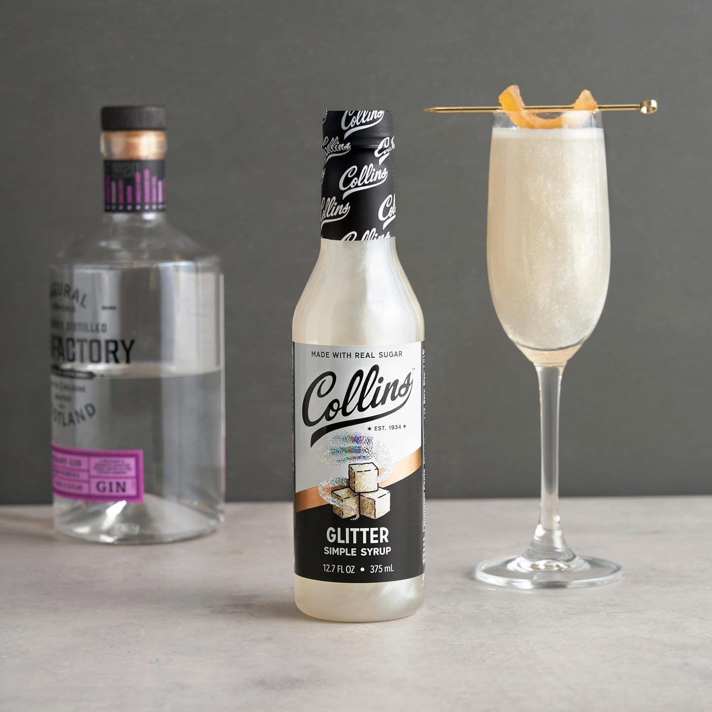Collins Glitter Simple Syrup, Sparkle Cocktail Mixer with Edible Shimmer, Made with Real Sugar, No High-Fructose Corn Syrup, Ideal for Festive Cocktails and Mocktails, Party Essentials, 12.7 oz