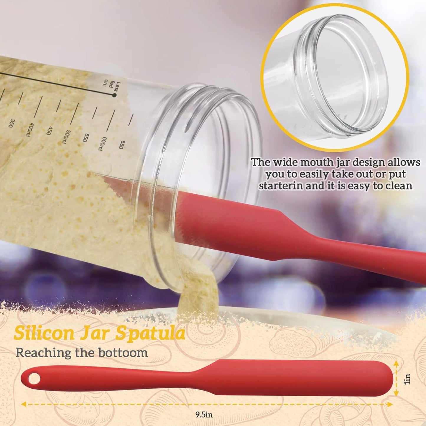 Sourdough Starter Jar Kit, 650ml Sourdough Starter Jar With Thermometer, Silicone Scraper, Cloth Cover And Aluminum Lid. Reusable Sour Dough Starter Jar