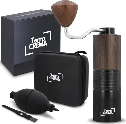 Manual Coffee Grinder – Precision Stainless Steel Conical Burr Hand Grinder for Espresso, Pour Over, French Press & Aeropress – All-in-One Travel Kit with Carry Case, Brush & Air Blower