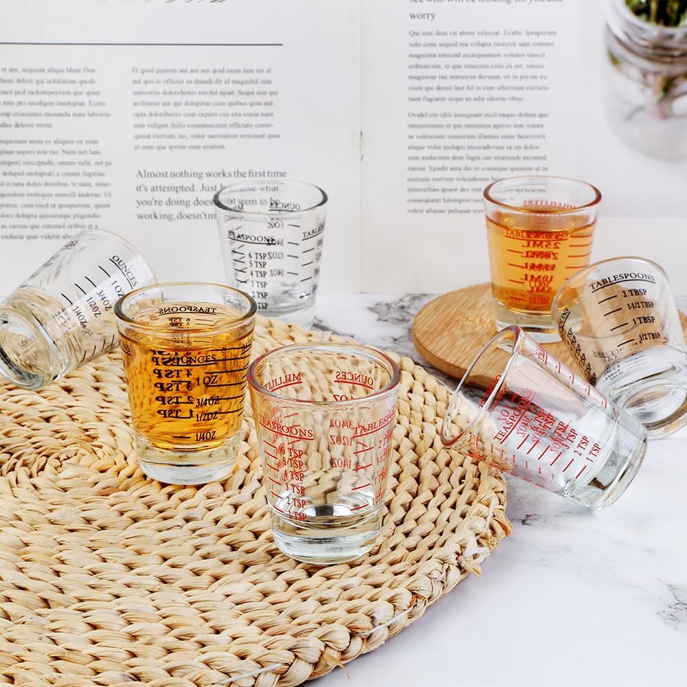 Set of 4 Shot Glasses - Heavy Glass, Perfect for Measuring Espresso, Wine, and More 26-Incremental Measurement 1oz, 6 Tsp, 2 Tbs, 30ml (4, Red+Black)
