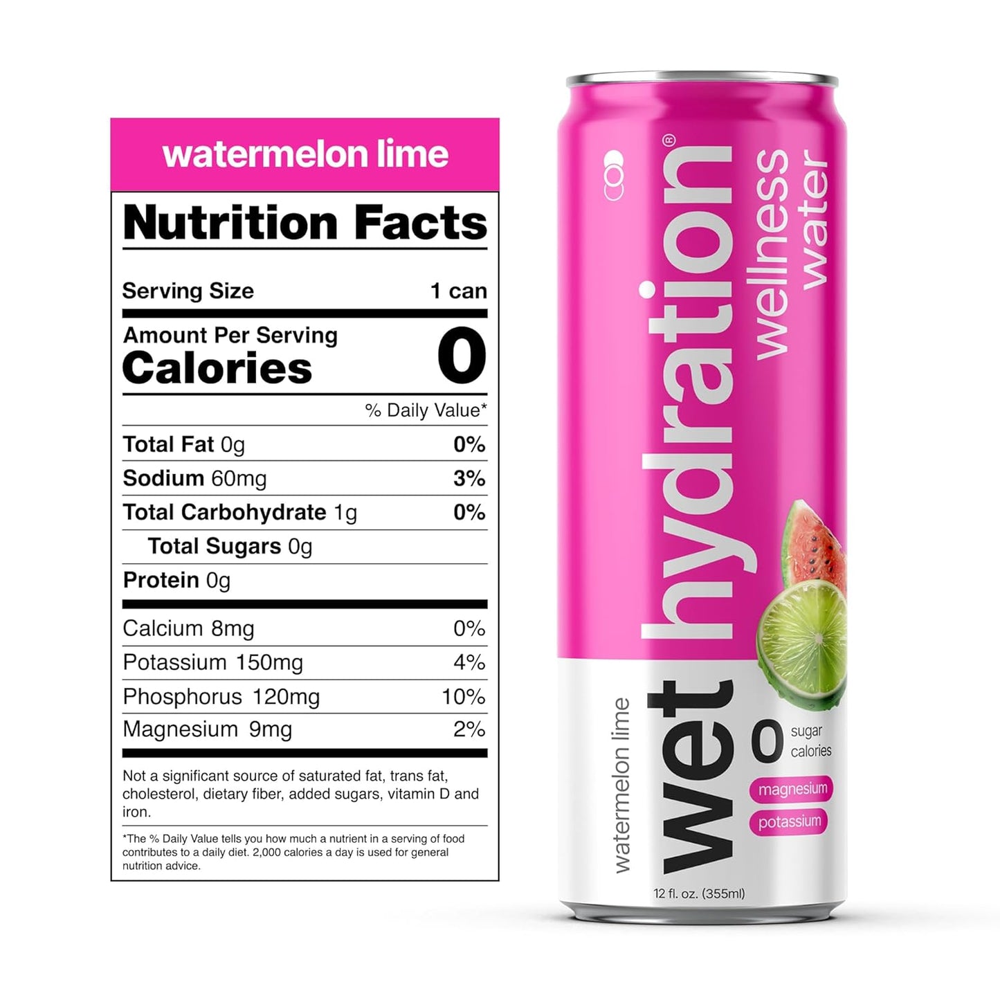 Wet Hydration | Functional Wellness Water, Non-Carbonated - Watermelon Lemon Lime (12 Ounce Cans, Pack of 12) - Flavored Water, Hydration Drink, No Sugar, No Artificial Ingredients, Zero Calories