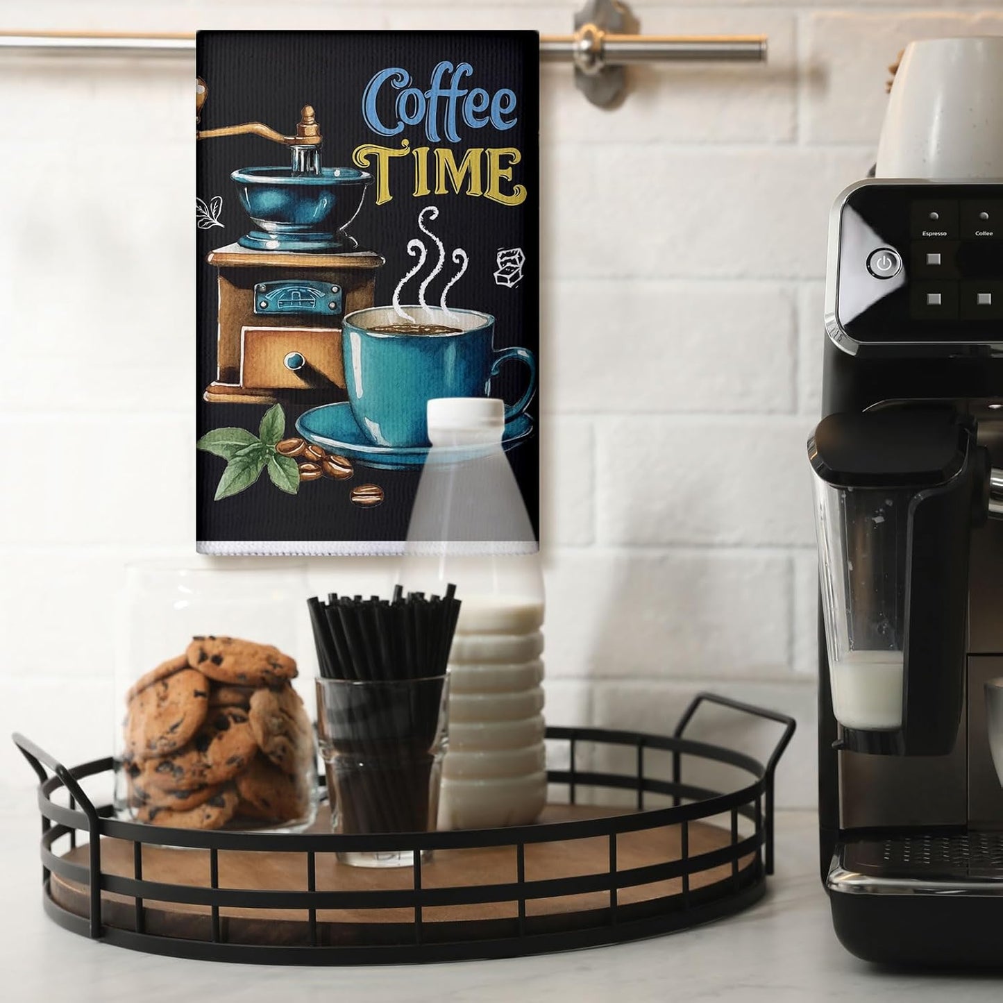 Ferraycle 4 Pieces Kitchen Dish Cloths Coffee Kitchen Hand Towels Absorbent Tea Towels 24 x 16 Inches, Café Lover Gift Bar Decorative Dish Cloths Rags, for Farmhouse (Black,Coffee Time)