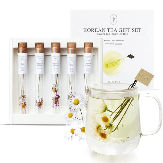 KKOKDAM Tea Gift Set - Siberian Chrysanthemum Blooming Stick Flowers - Fancy Korean Gifts For Tea Lovers - 5 Premium Flower Sticks