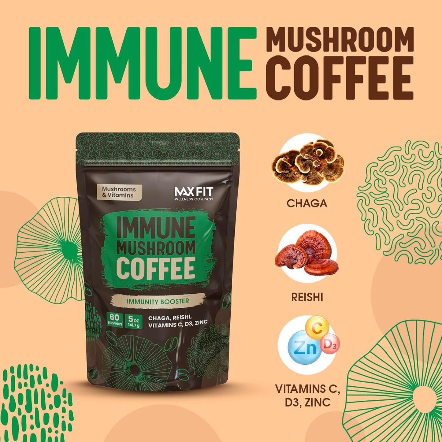 Immunity Mushroom Coffee (60 Servings) Mental Focus Plus Wellness Boost for Immune System Support - Chaga, Reishi & Vitamins C, D3, and Zinc, Mixed with Gourmet 100% Arabica Instant Coffee