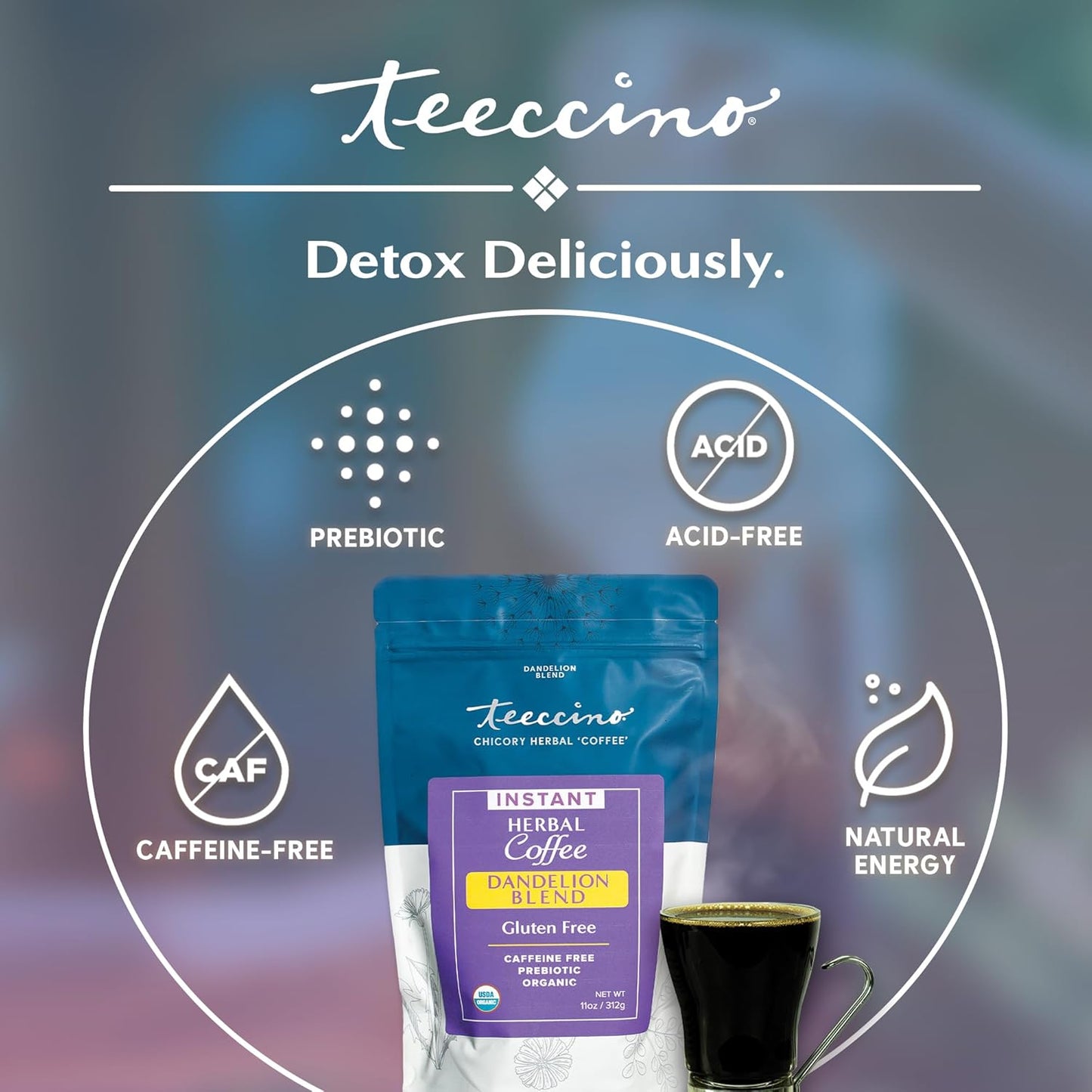 Teeccino Instant Organic Dandelion Blend – 104 servings – Gluten Free Instant Microground Herbal Coffee with Chicory & Dandelion Roots That’s Prebiotic, Caffeine-Free, and Acid-Free – 11 ounces