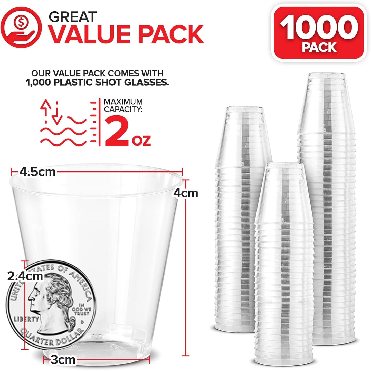 1000 Plastic Shot Glasses - 2 Oz Disposable Cups - 2 Ounce Shot Glasses - Ideal for Whiskey, Wine Tasting, Food Sampling and Sauce Dipping at Catered Events, Parties and Weddings (Clear)