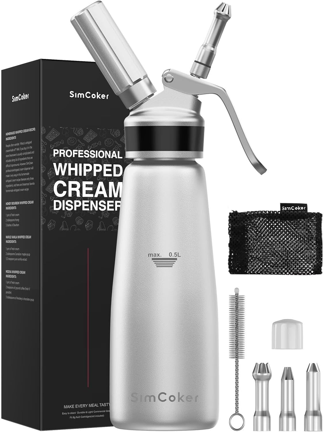 Whipped Cream Dispenser, Aluminum Cream Whipper 500mL/1 Pint,3 Stainless Decorating Nozzles,1 Brush,1Storage Bag,Homemade Cream Maker,N2O Chargers Not Included,Silver