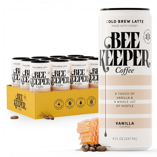 Beekeeper Coffee Cold Brew Vanilla Latte with Oregon Honey, 8 fl oz cans (Pack of 12), Ready-to-Drink, 125mg Natural Caffeine