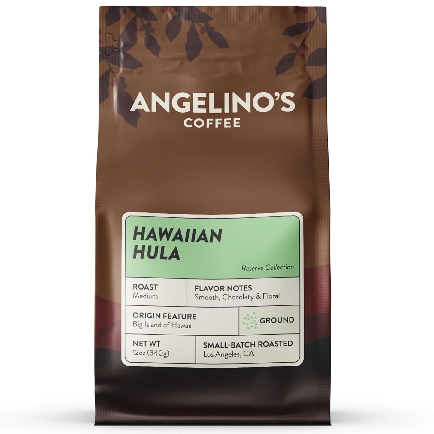 Angelino's Coffee Hawaiian Coffee Ground - Medium Roast Hawaiian Blend with Chocolaty Notes & Floral Undertones, 12oz - Premium Coffee Beans Ground for Freshness