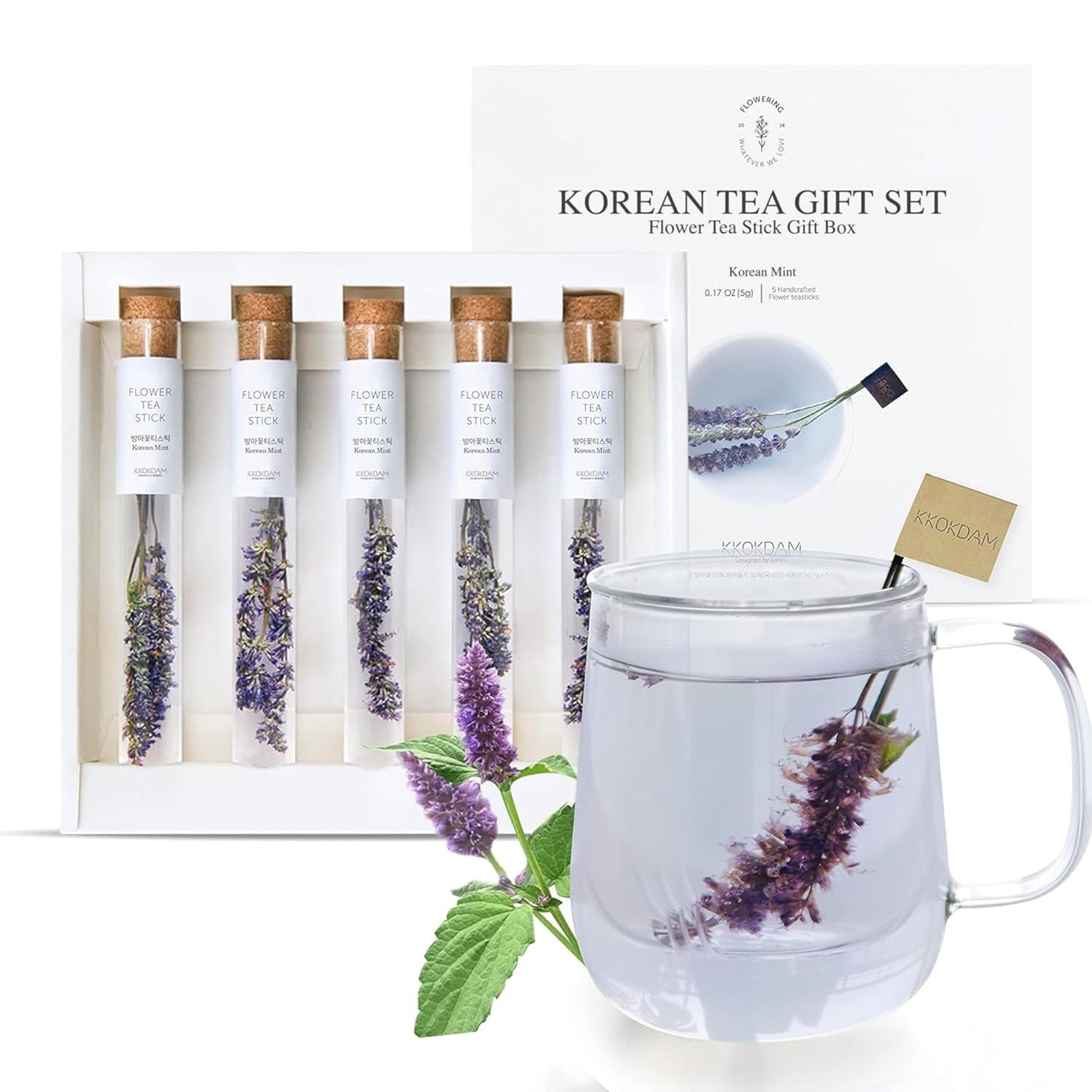 KKOKDAM Fancy Tea Gift Set – Korean Mint Blooming Flowers from South Korea - 5 Premium Flower Tea Sticks, Perfect as Unique Gifts or Gifts for Women