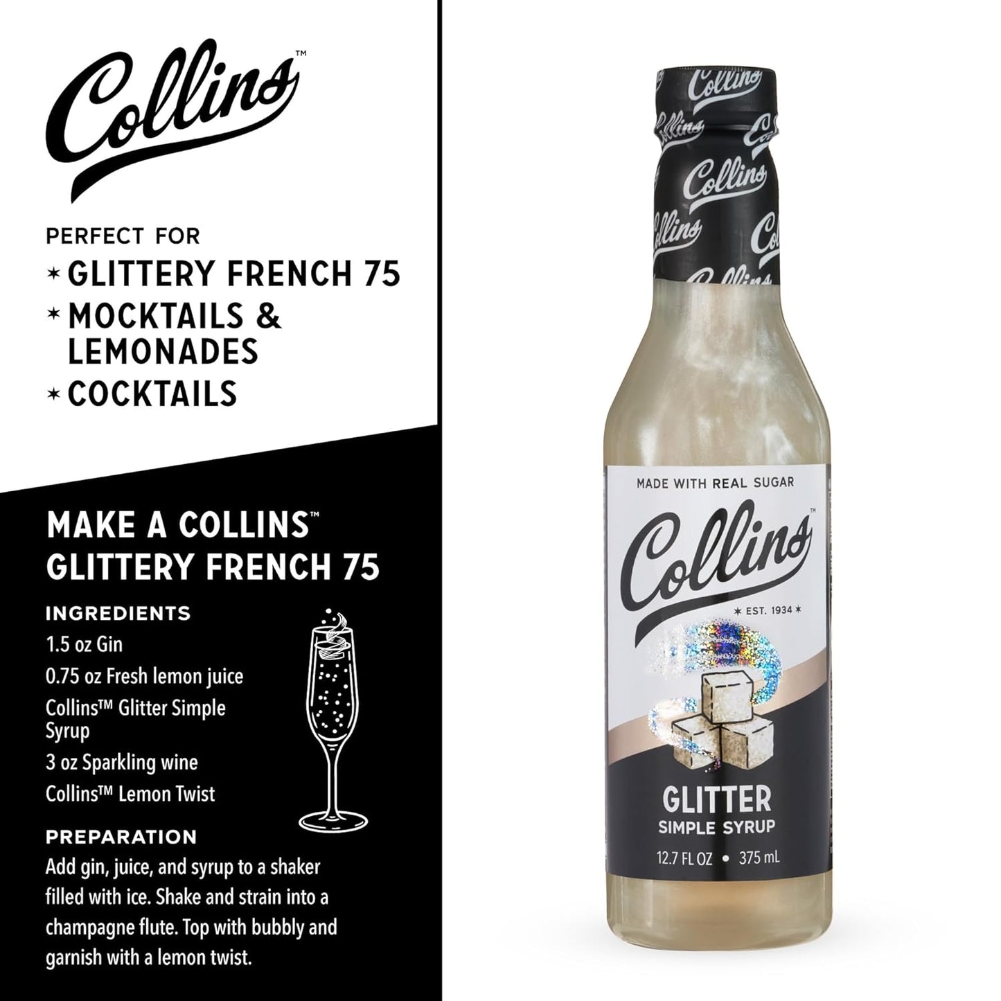 Collins Glitter Simple Syrup, Sparkle Cocktail Mixer with Edible Shimmer, Made with Real Sugar, No High-Fructose Corn Syrup, Ideal for Festive Cocktails and Mocktails, Party Essentials, 12.7 oz