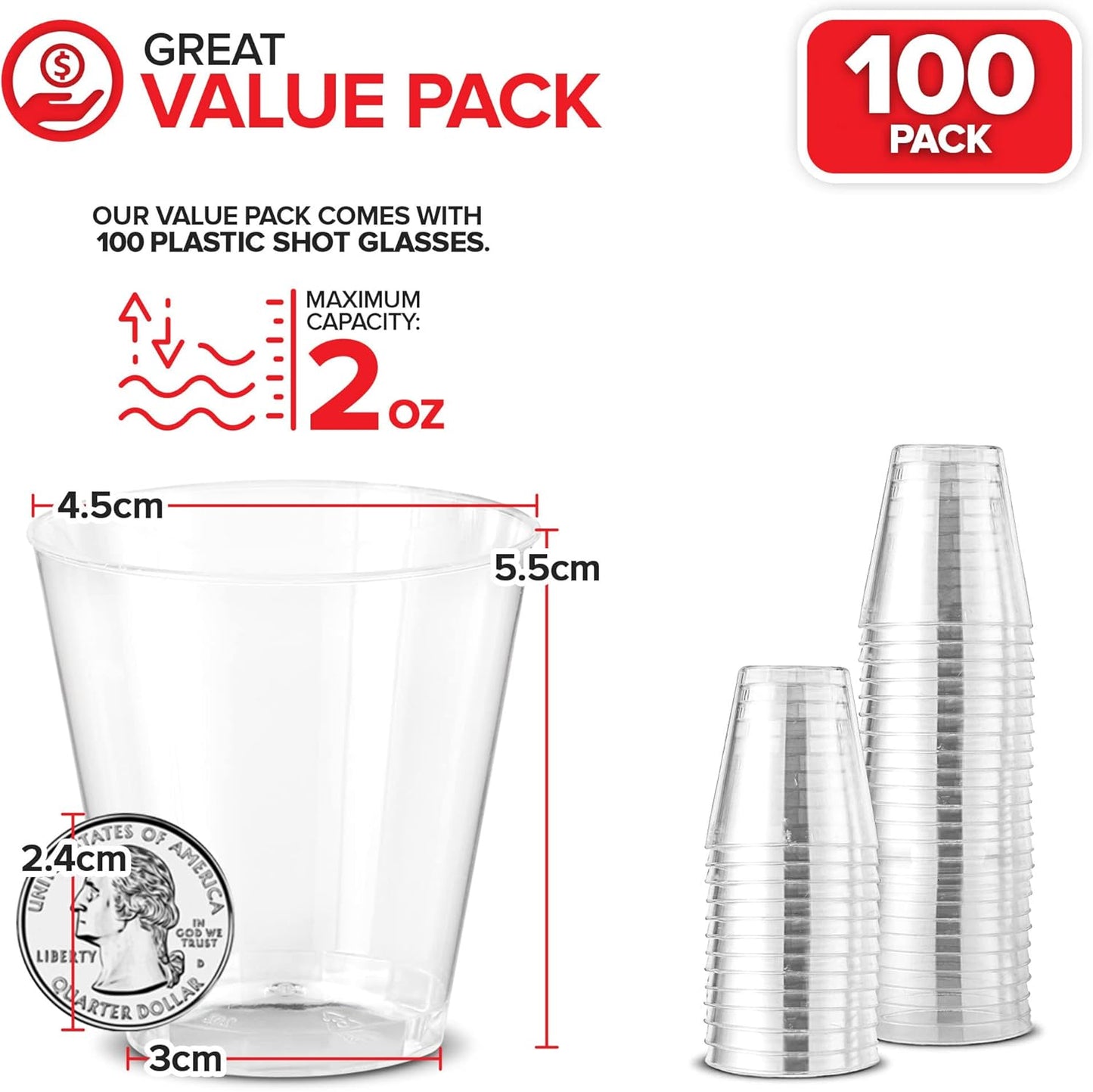 Stock Your Home 2 oz Shot Glasses - 100 Mini Plastic Shot Glasses (2oz) Clear Disposable Cups for Jello Shots, Wine Tasting, Liquor, Whiskey, Pudding, Sample Cup for Halloween and Elegant Parties