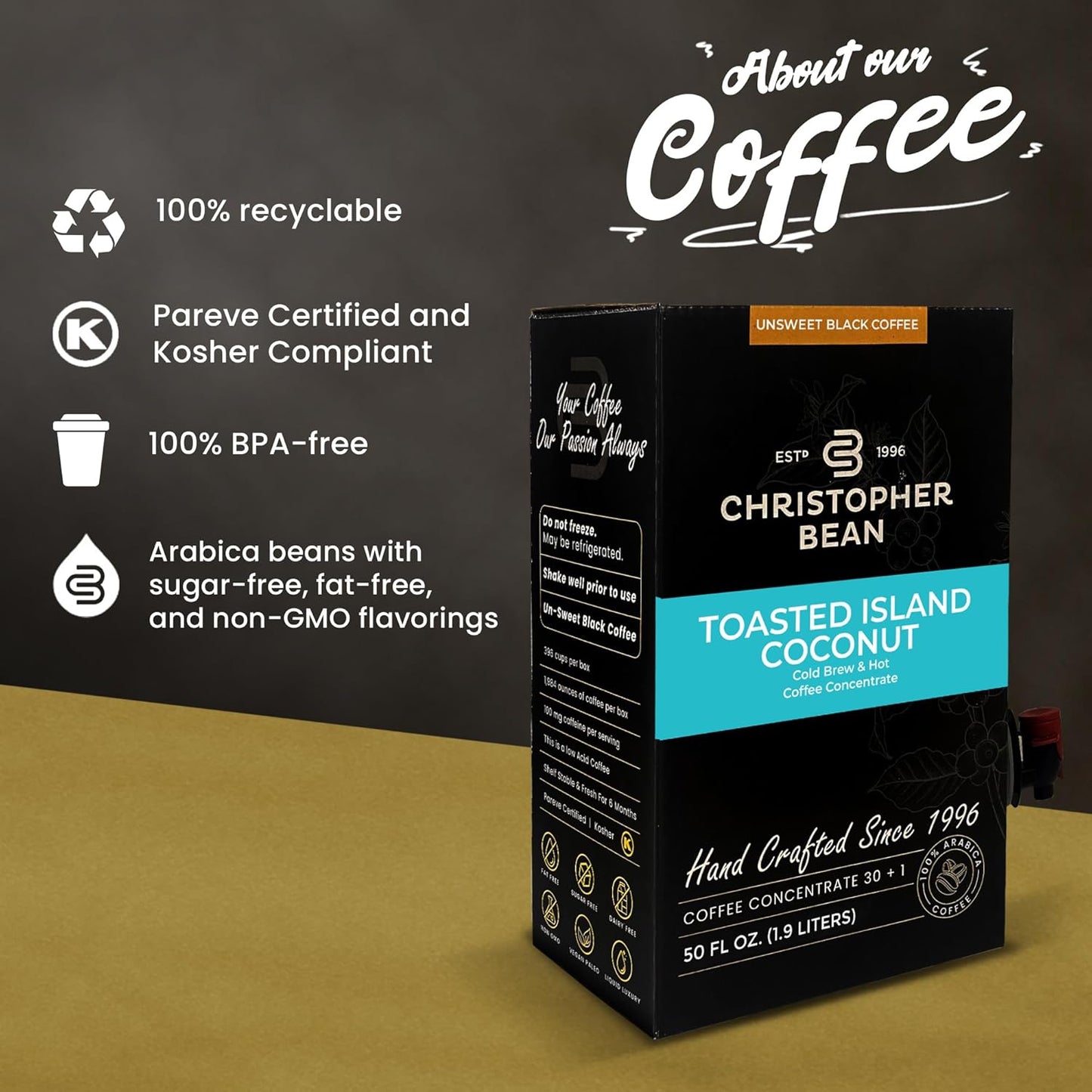 Christopher Bean Coffee - 396 servings, 30 to 1 Blend Bag in Box Liquid Instant Coffee or Cold Brew Coffee Concentrate - Hot or Iced Coffee - Toasted Island Coconut