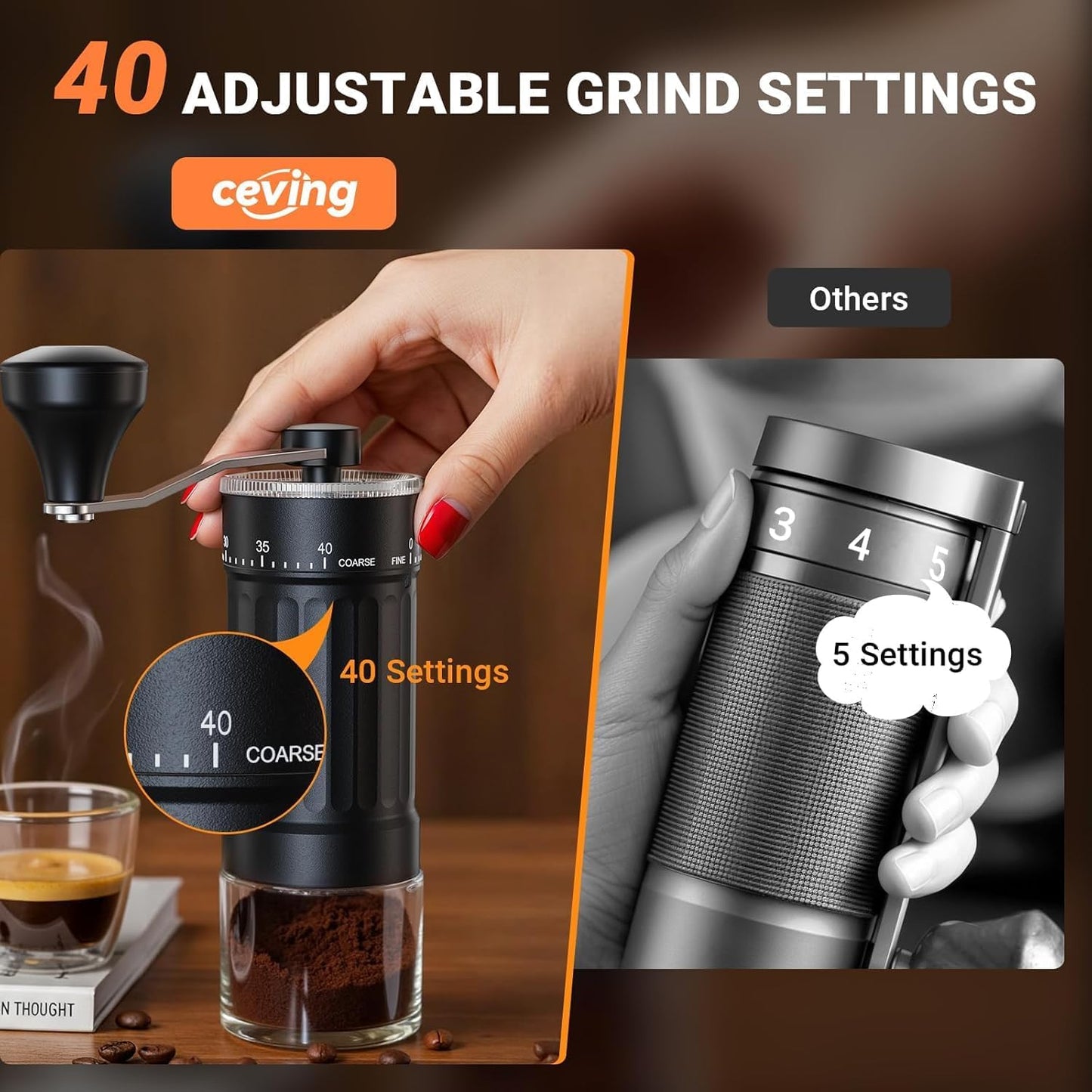 Portable Manual Coffee Grinder with CNC Stainless Steel Conical Burr, 40 Adjustable Settings Hand Coffee Grinder with 30g Capacity for Espresso, Pour Over, French Press, Travel