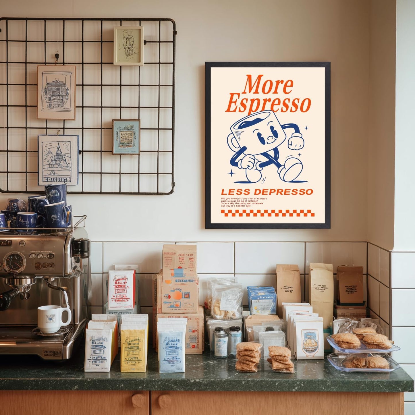 GELDSTEI Wood Framed Cute Coffee Wall Art, More Espresso Less Depresso Wall Decor, Funny Coffee Bar Aesthetic Picture, Vintage Cafe Bar Poster Print, Retro Cafe Cup Canvas Painting for Kitchen 16"x24"