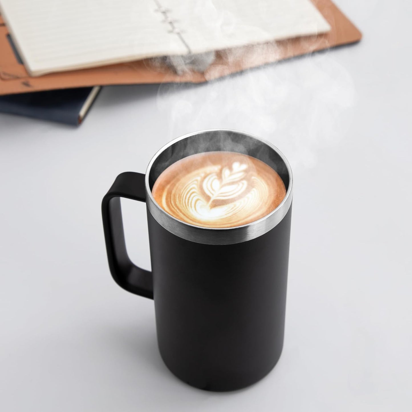 DOMICARE 24oz Mug with Handle and Lid, Stainless Steel Coffee Mug, Reusable Insulated Cup, Travel Mug with Handle, Double Wall Vacuum Coffee Tumbler for Men and Women, Black, Pack 1