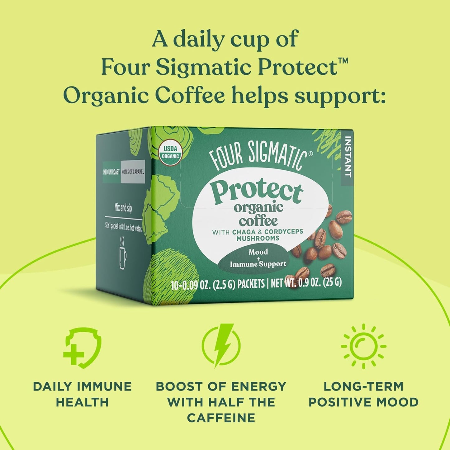 Four Sigmatic Organic Instant Coffee Powder | Mushroom Coffee Instant Mix with Cordyceps, Chaga and Eleuthero for Better Focus and Immune Support | 10 Packets