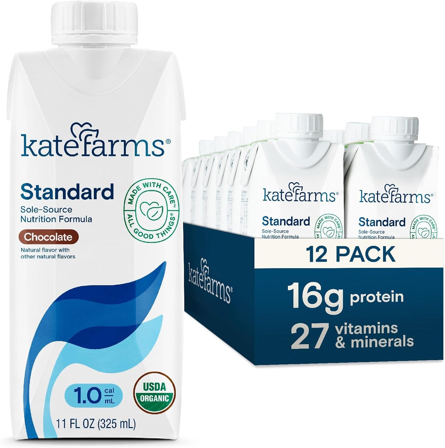 KATE FARMS Organic 1.0 Sole-Source Nutrition Shake, Chocolate, 16g Protein, 27 Vitamins and Minerals, Meal Replacement, Protein Shake, 11 oz (12 Pack)