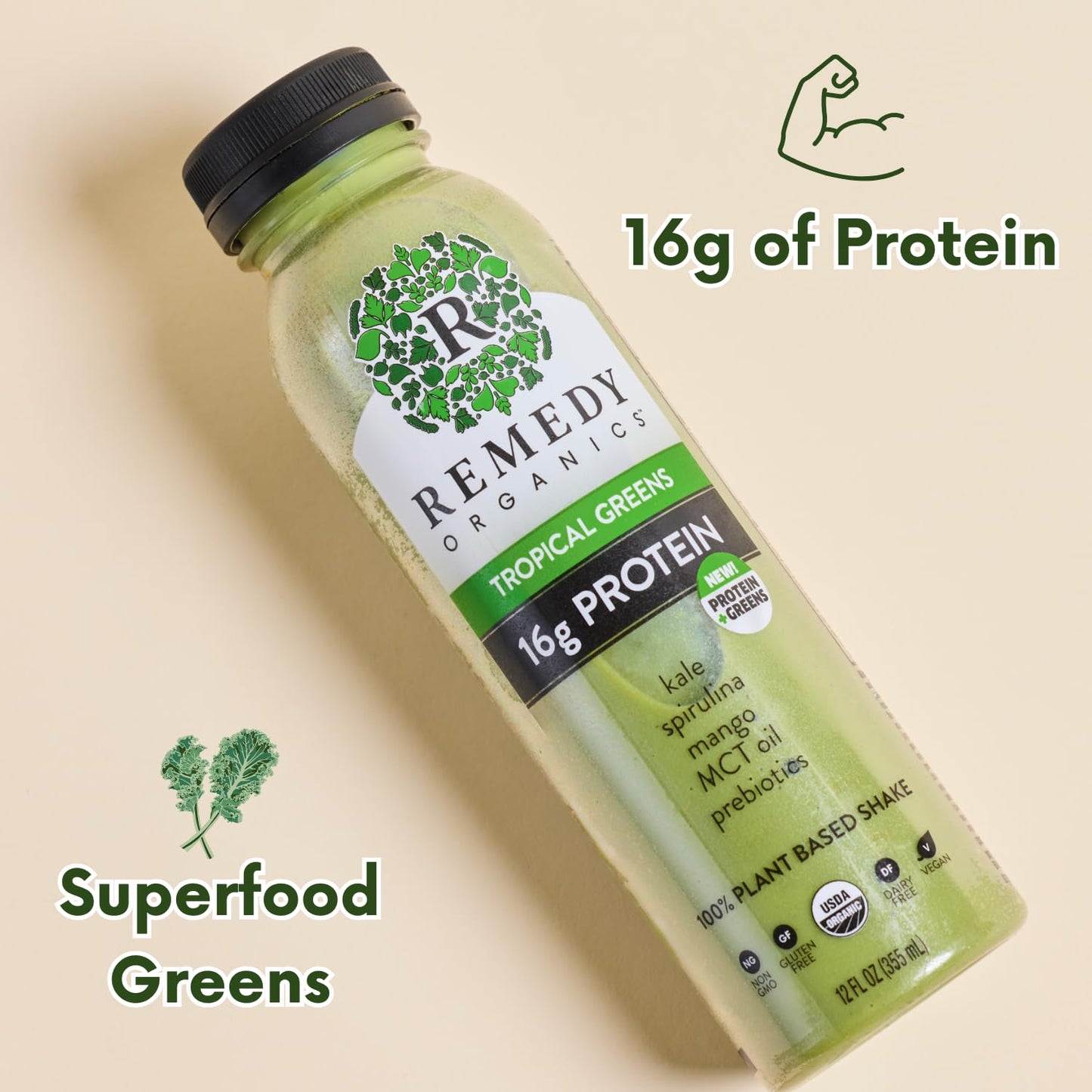 Remedy Organics Tropical Greens 12-Pack | Plant Based 16g Protein Shakes, Ready to Drink | USDA Organic, Gluten Free, Dairy Free, Soy Free