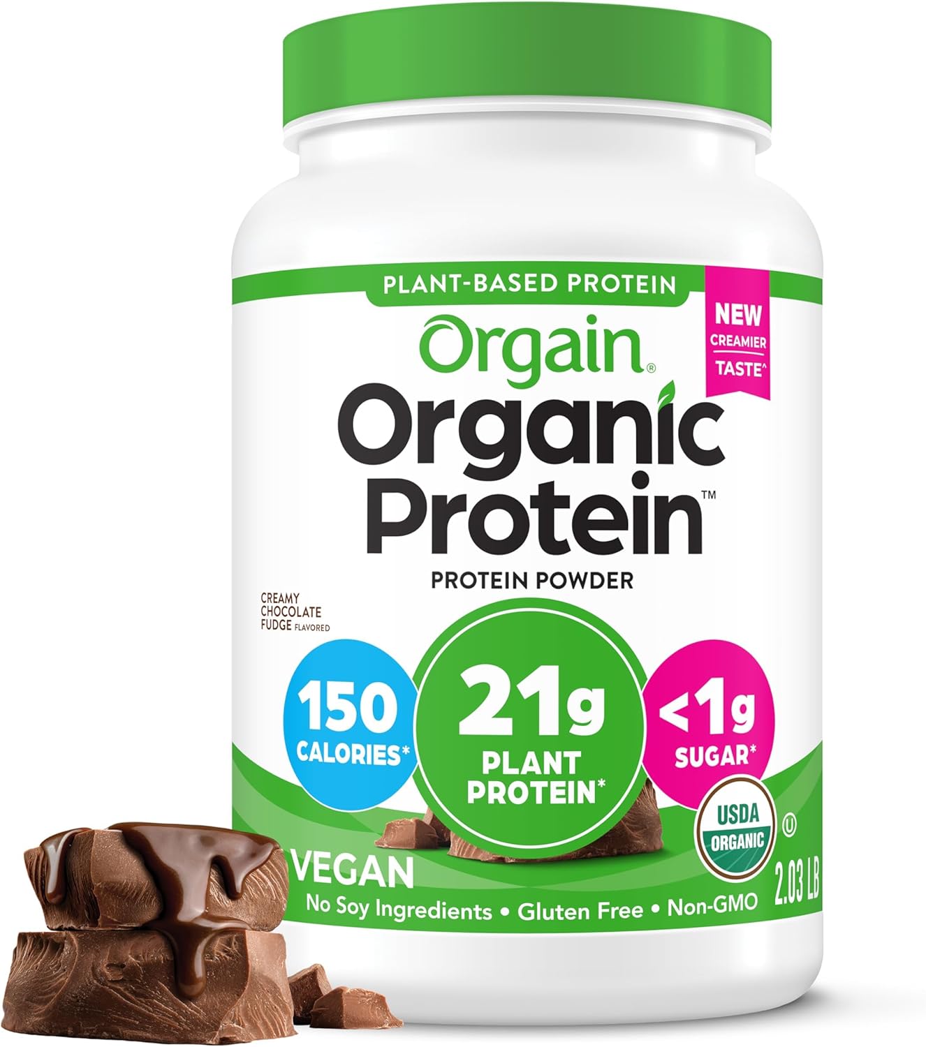 Orgain Organic Vegan Protein Powder, Creamy Chocolate Fudge - 21g Plant Protein, 6g Prebiotic Fiber, Low Net Carb, No Lactose Ingredients, No Added Sugar, Non-GMO, For Shakes & Smoothies, 2.03 lb