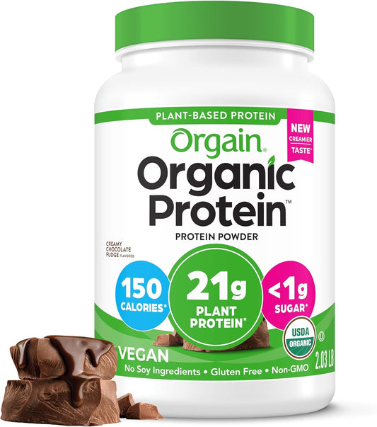 Orgain Organic Vegan Protein Powder, Creamy Chocolate Fudge - 21g Plant Protein, 6g Prebiotic Fiber, Low Net Carb, No Lactose Ingredients, No Added Sugar, Non-GMO, For Shakes & Smoothies, 2.03 lb