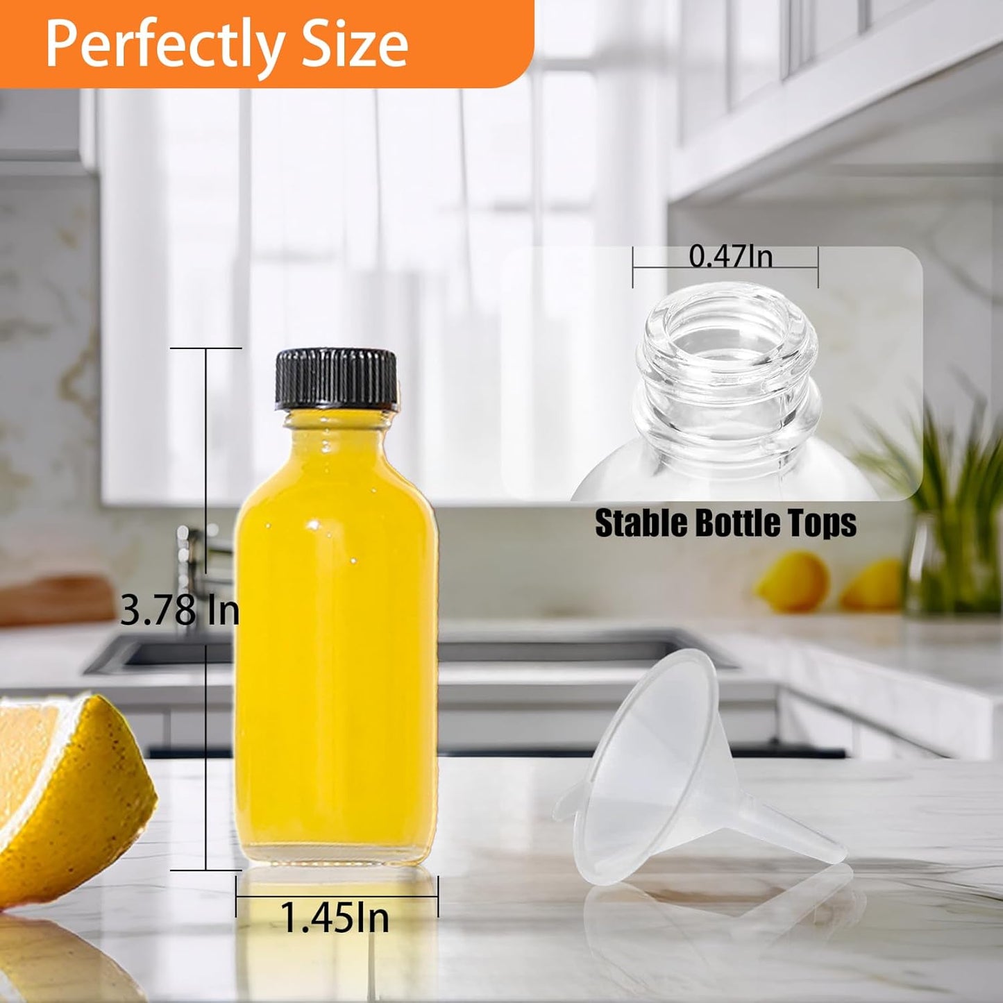 6Pack 2oz Glass Shot Bottles with Caps and Funnels, Boston Round Glass Bottles, Leakage-Proof Ginger Shots Bottles, Wellness Shot Glass Bottles, Suitable for DIY Essential Oils, Juice, Whiskey