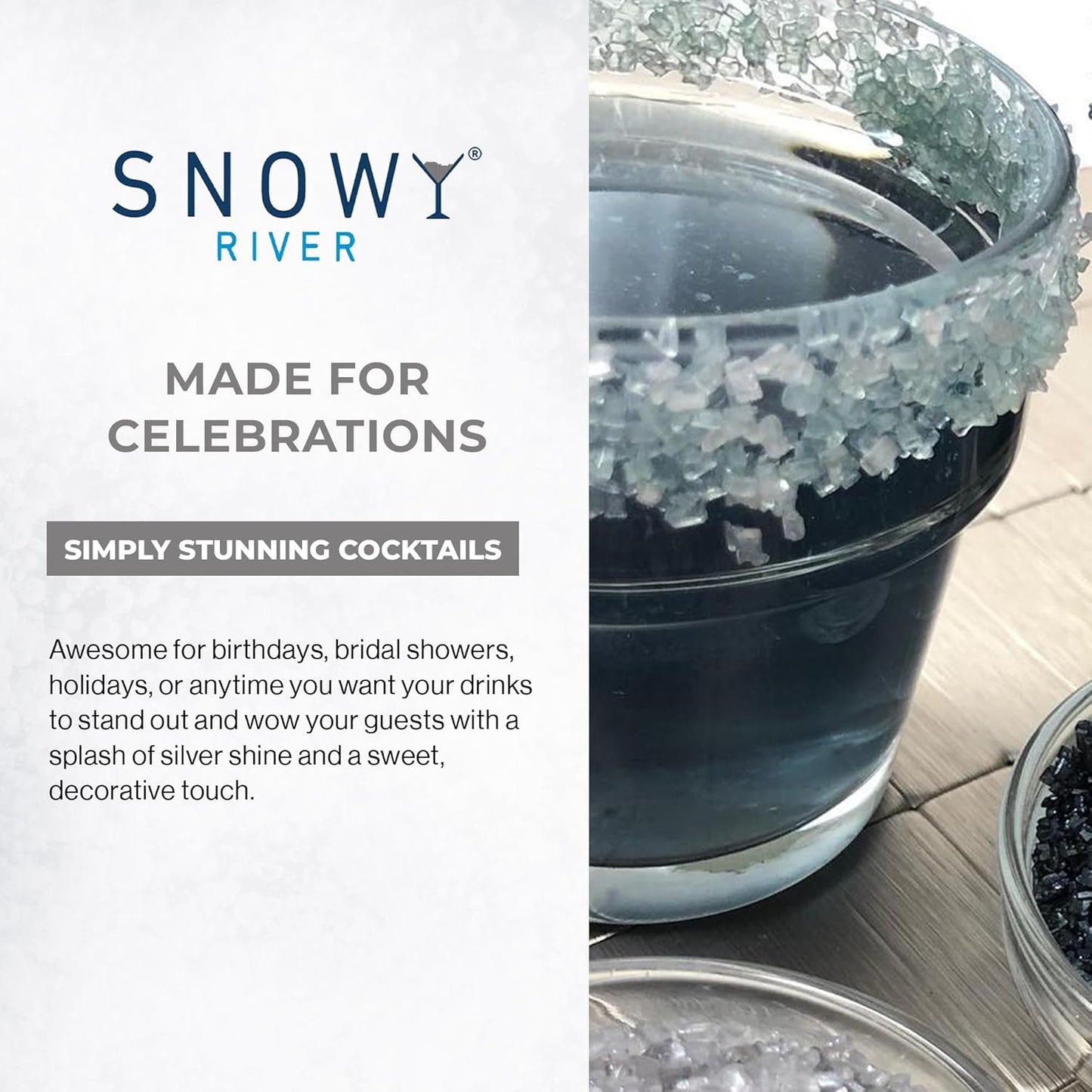 Snowy River Silver, Cocktail & Margarita Sugar Rimmer - Vibrant Naturally Colored Sugar for Cocktail Rimming, Baking & Decorating, Medium Crystal - 80oz