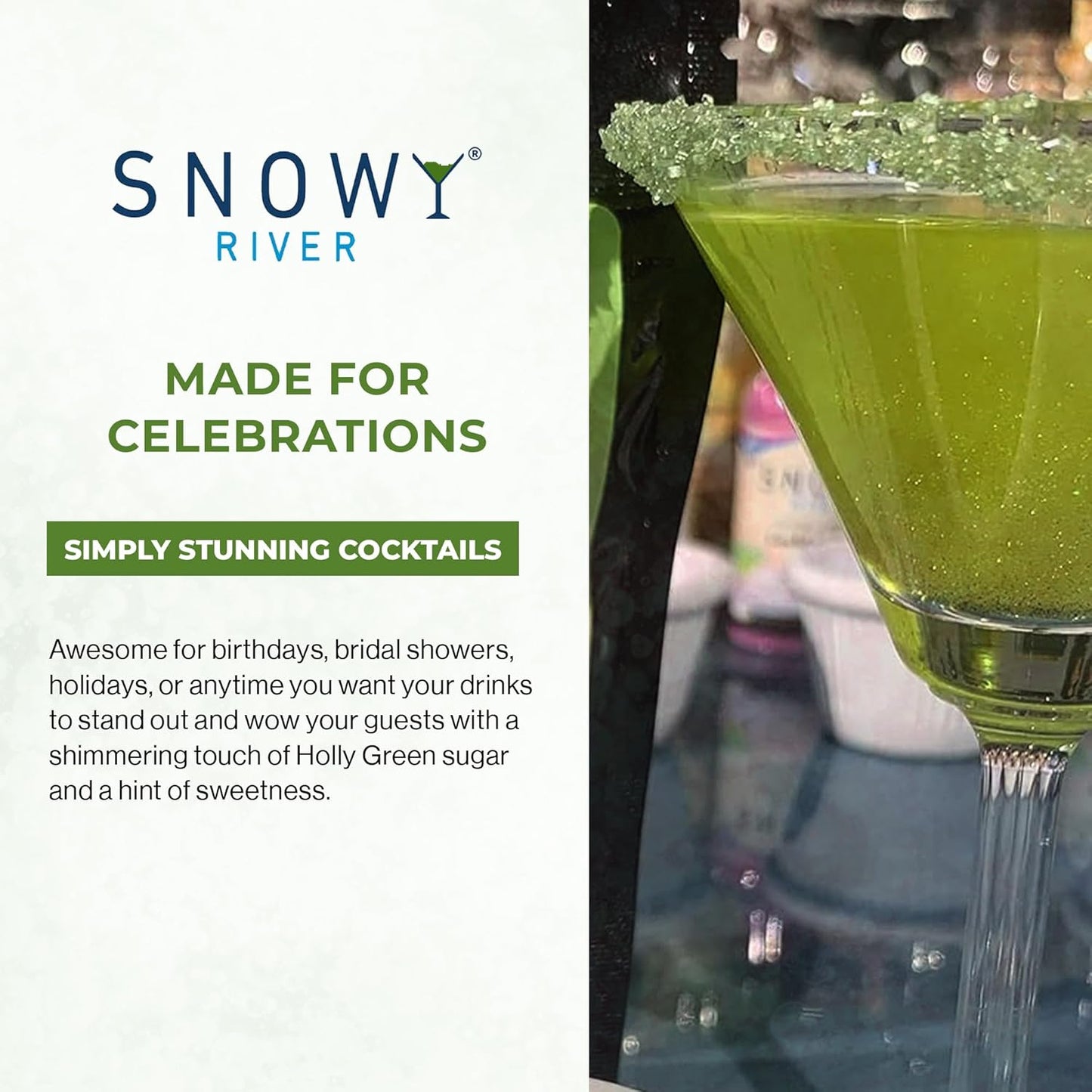 Snowy River Green, Cocktail & Margarita Sugar Rimmer - Vibrant Naturally Colored Sugar for Cocktail Rimming, Baking & Decorating, Medium Crystal - 80oz