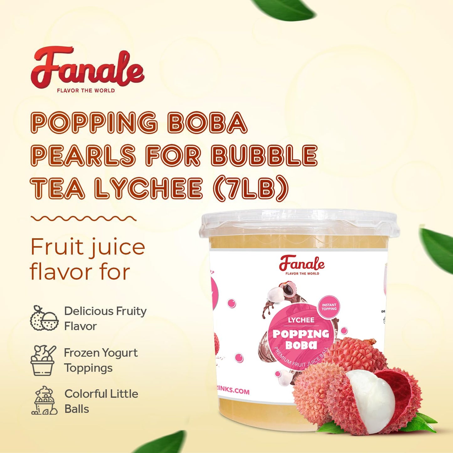 Fanale Lychee Popping Boba Pearls, Vegan, Non GMO, Gluten Free, Fat Free, Perfect for Bubble Tea, Smoothies, Ice Cream, Desserts, and Beverages.