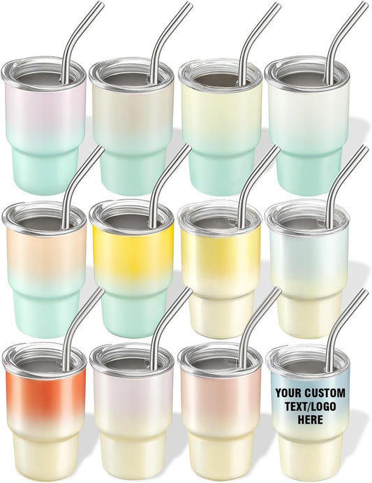 12 Pack 3 oz Sublimation Mini Tumbler Shot Glass with Straw and Lid, Gradient Color Insulated Stainless Steel Mini Tumblers Cups for Beach Birthday Wedding Parties, DIY Customizable Party Gift