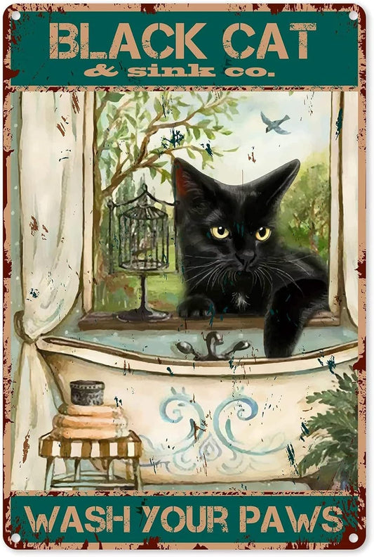 Funny Bathroom Wall Decor Vintage Black Cat Wash Your Paws Tin Sign Office Home Bar Farmhouse Hotel Dining Room Coffee Metal Poster 8x12 Inch