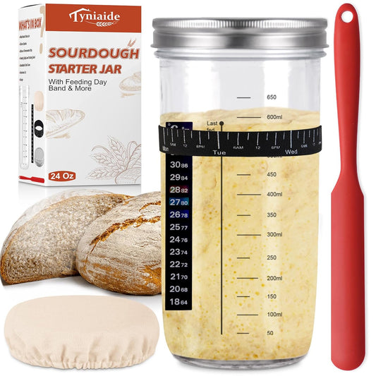 Sourdough Starter Jar Kit, 650ml Sourdough Starter Jar With Thermometer, Silicone Scraper, Cloth Cover And Aluminum Lid. Reusable Sour Dough Starter Jar