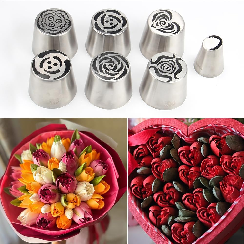6 Pieces Extra Large Stainless Steel Russian Tulip Marshmallow Icing Tips Kit, Cupcake Dessert Piping Nozzles Set,1 Small Size Russian Icing Tip for Cake Decorations,Pastry Baking Tools