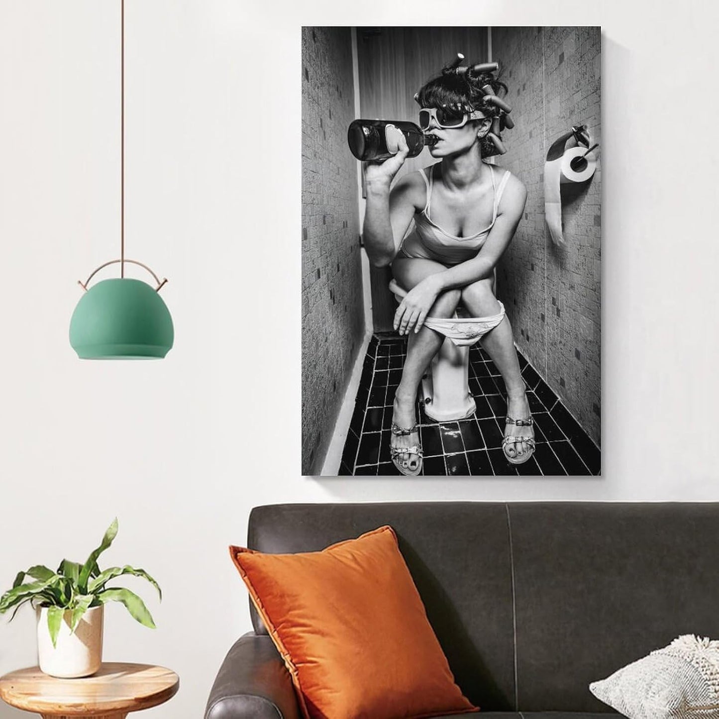 Woman Drinking on The Toilet Lnteresting Vintage Canvas Painting Wall Art Poster Room Decor Aesthetics 12x18inch(30x45cm)
