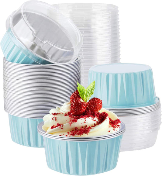 EUSOAR Aluminum Cups with Lids, 50pcs 5oz 125ml Foil Cupcake Baking Cups, Muffin Liners Cups with Lids, Disposable Foil Ramekins Pans, Aluminum Foil Cupcake Holders