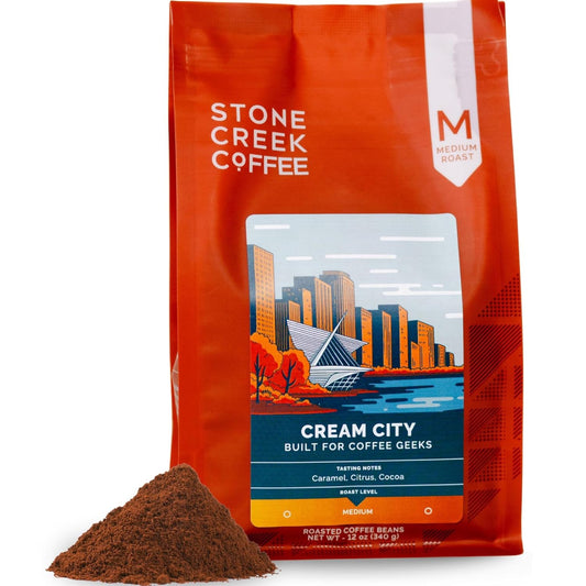 Stone Creek Coffee Medium Roast Ground Coffee – 12 Ounce (Pack of 1) – Specialty Smooth and Sweet Fresh Roasted Coffee Beans with Fruity/Chocolate Tasting Notes, Cream City