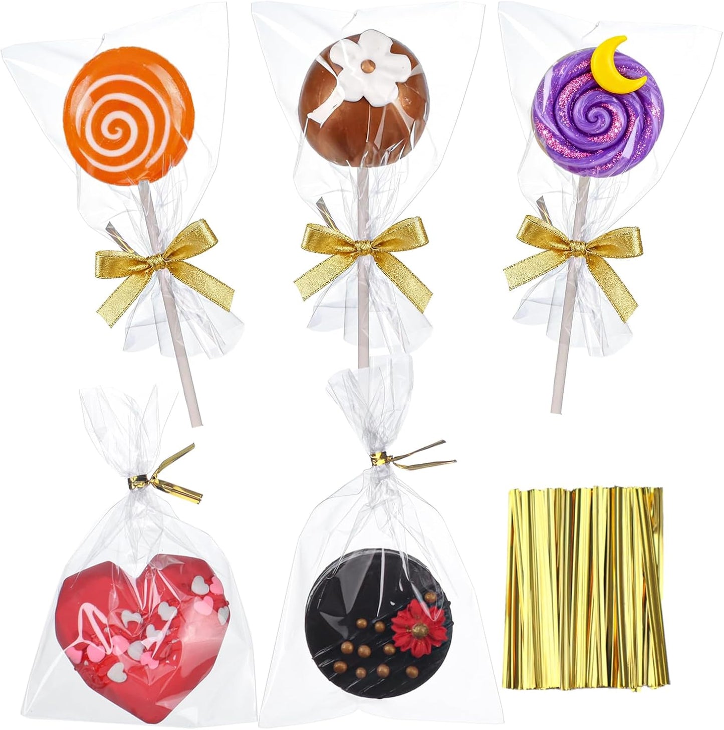 ROSPAKTEK 200 Pcs Cellophane Treat Bags 3x5 Inch with 200 Twist Ties - OPP Plastic Cake Pop Bags for Lollipop, Candy, Chocolate, Cookie Wrapping & Buffet