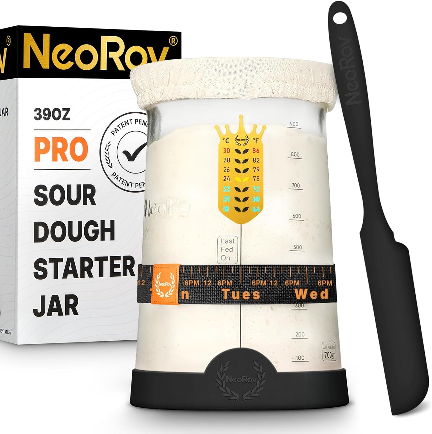 Pro Sourdough Starter Kit - 39 Oz Glass Sourdough Starter Jar (With Cloth Lid,Silicone Base,Scraper,Date Tracker,Temp Strip) - Sourdough Bread Baking Supplies For Sour Dough Bread Loaf (Black)